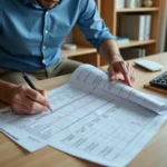 Homme en bureau moderne prenant des notes sur un tableau de calculs de mètres cubes