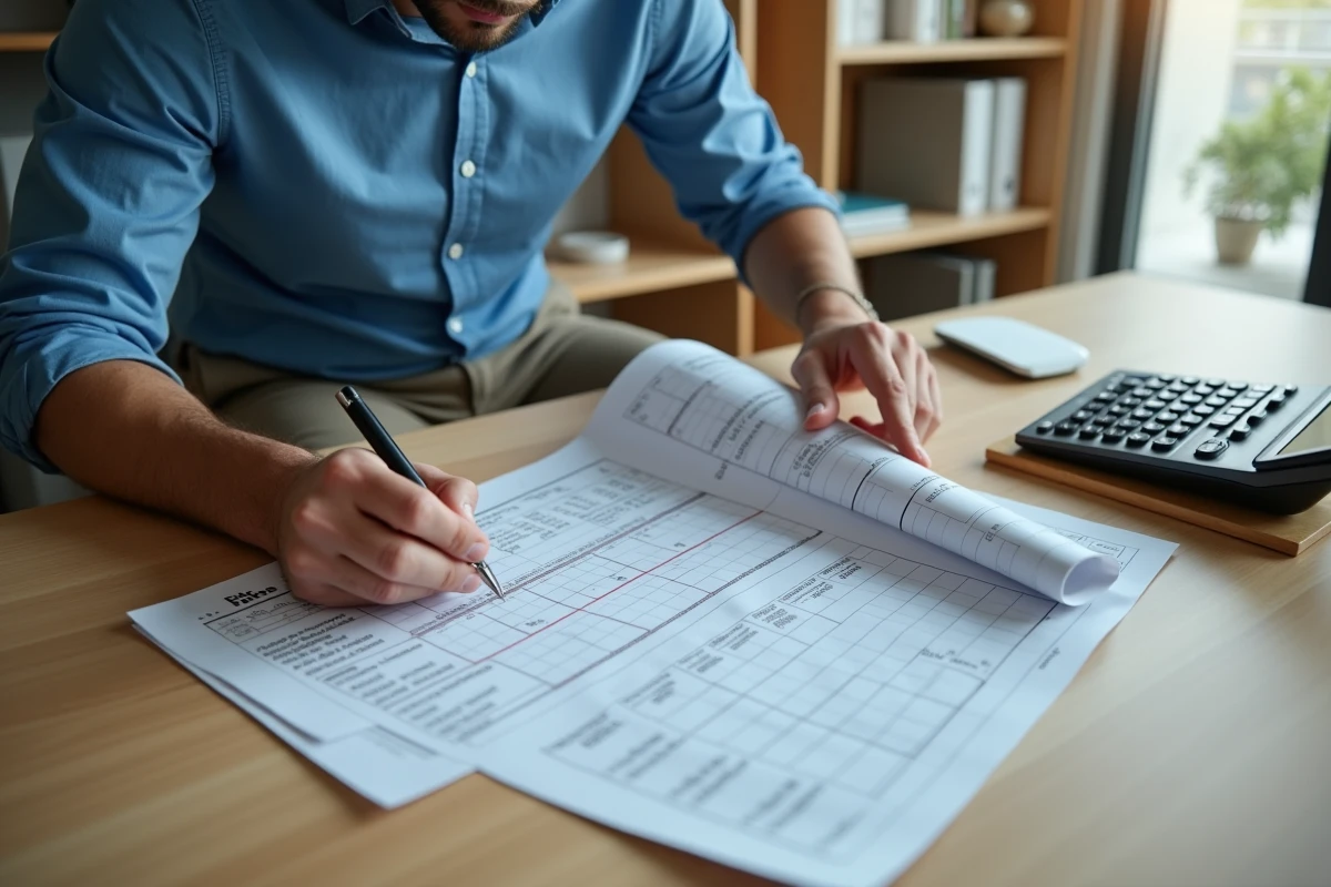 Homme en bureau moderne prenant des notes sur un tableau de calculs de mètres cubes