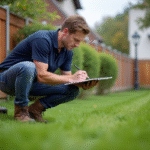 Homme d'âge moyen dans un jardin résidentiel en train de prendre des notes