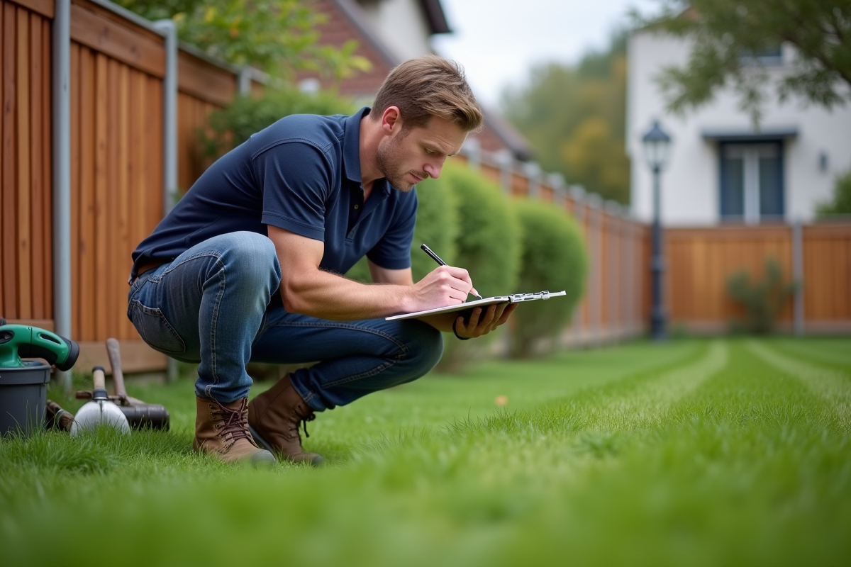 Homme d'âge moyen dans un jardin résidentiel en train de prendre des notes