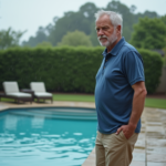 Homme d'âge moyen près de la piscine après l'orage