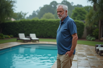 Homme d'âge moyen près de la piscine après l'orage