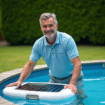 Homme souriant posant près d'une piscine avec chauffage solaire