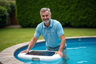 Homme souriant posant près d'une piscine avec chauffage solaire