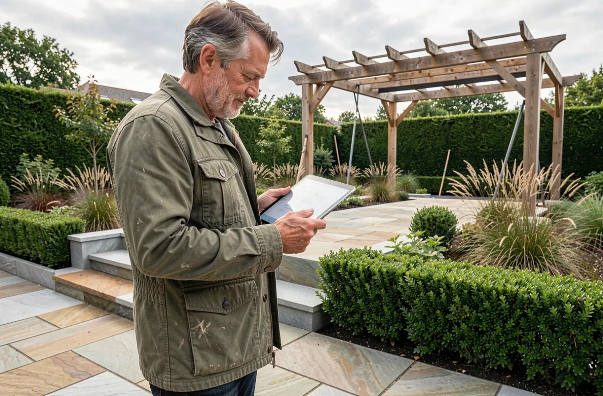 Homme consultant un plan de jardin numérique sur tablette sur une terrasse en pierre naturelle avec pergola et aménagement paysager moderne