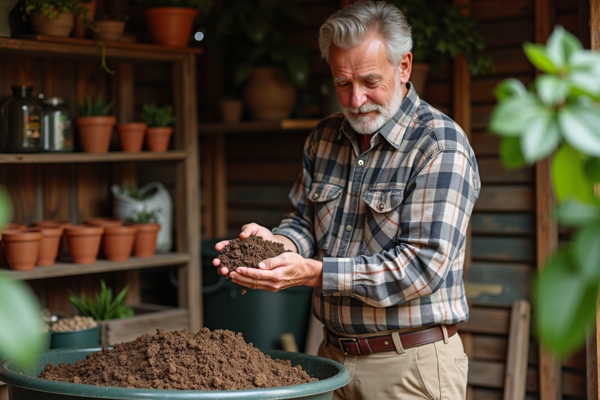 Homme âgé inspectant du terreau dans un atelier de jardinage