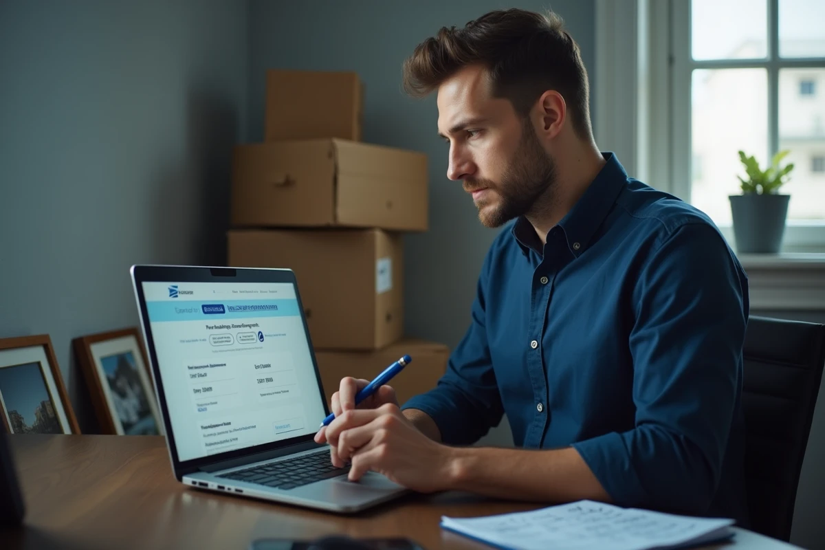 Homme inscrivant la réexpédition de courrier en ligne sur un ordinateur portable entouré de cartons de déménagement