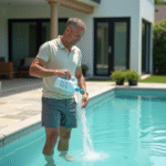 Homme versant un traitement dans une piscine trouble