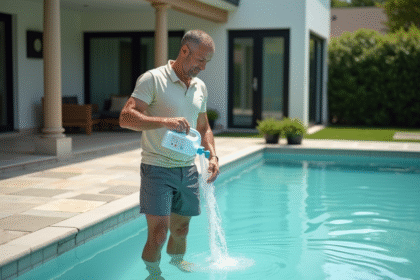 Homme versant un traitement dans une piscine trouble