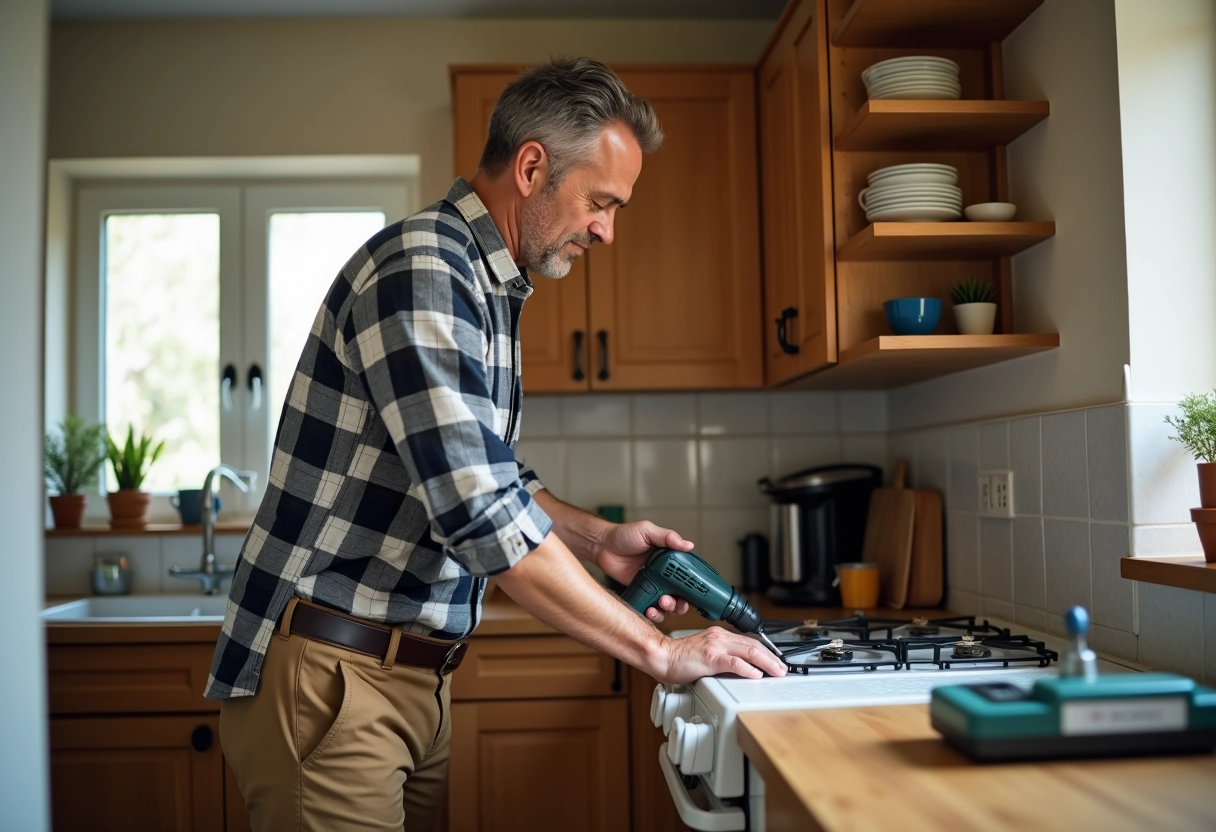 Homme réparant une charnière de meuble dans la cuisine