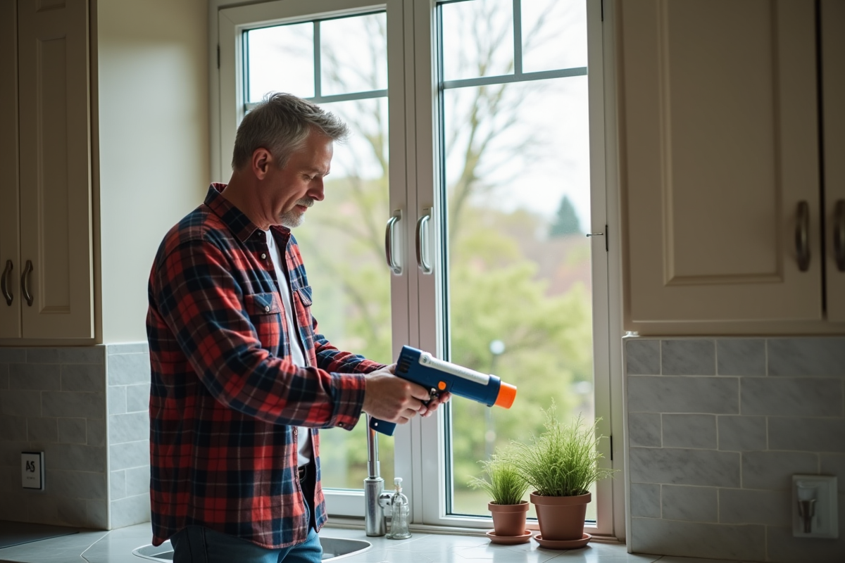 Homme scellant une fenêtre de cuisine avec pistolet à calfeutrer