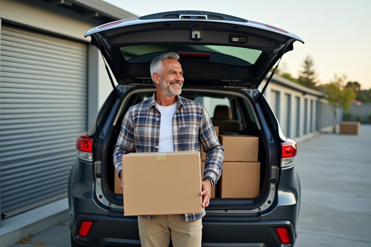 Homme souriant sécurisant le coffre de son SUV devant un centre de stockage