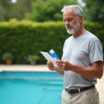 Homme d'âge moyen vérifiant le test de chlore au bord de la piscine