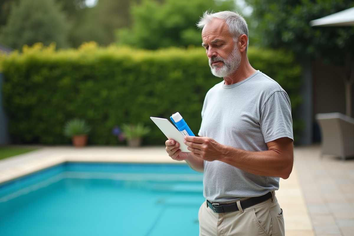 Homme d'âge moyen vérifiant le test de chlore au bord de la piscine