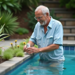 Homme testant la qualité de l'eau d'une piscine naturelle