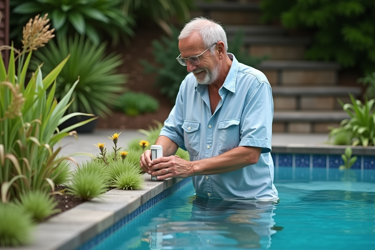 Homme testant la qualité de l'eau d'une piscine naturelle