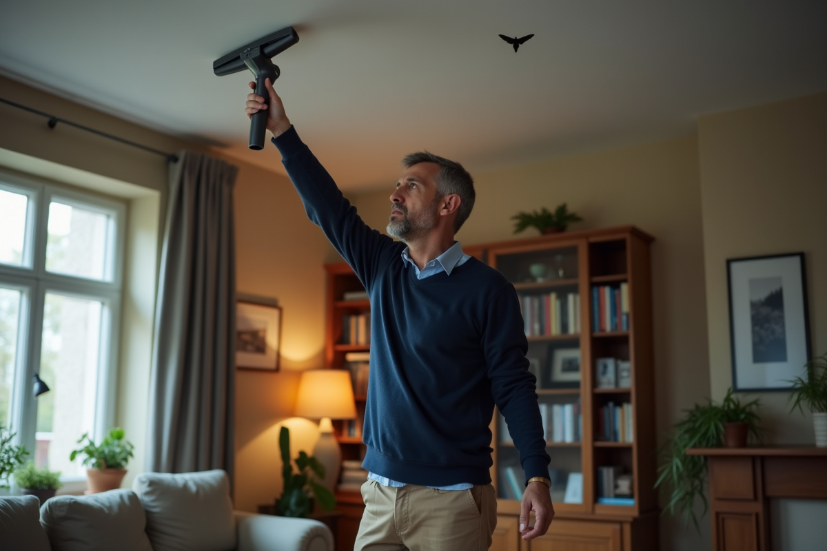 Homme aspirant un mite dans un salon européen