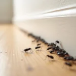 Petits insectes noirs regroupés sur une plinthe en bois dans un intérieur rénové