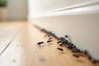 Petits insectes noirs regroupés sur une plinthe en bois dans un intérieur rénové