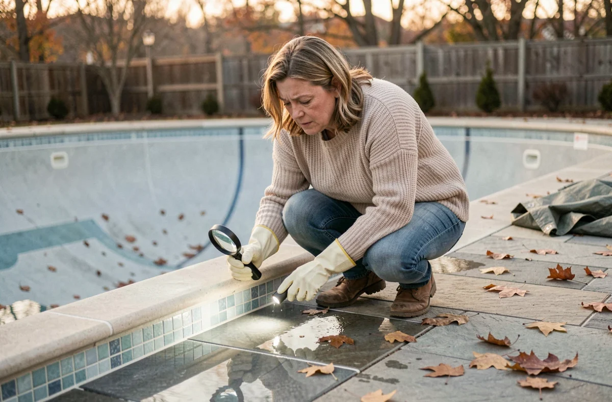 Propriétaire inspectant les joints de carrelage de sa piscine vidée avant l'hiver pour détecter des fissures dues au gel
