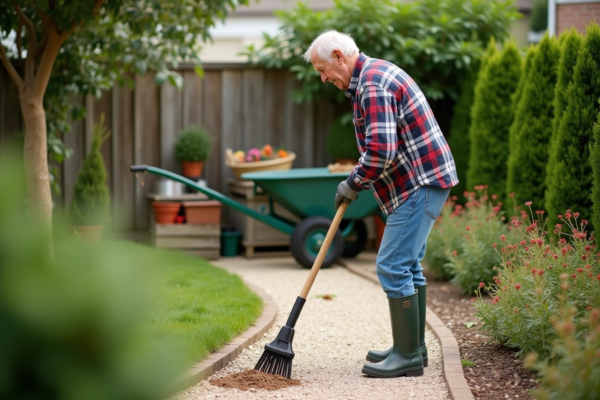 Homme âgé inspecte un chemin gravillonné dans le jardin