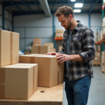 Homme d'âge moyen inspectant des cartons dans un entrepôt industriel