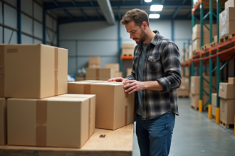 Homme d'âge moyen inspectant des cartons dans un entrepôt industriel