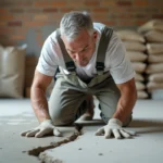 Ouvrier inspectant une fissure sur un sol en béton