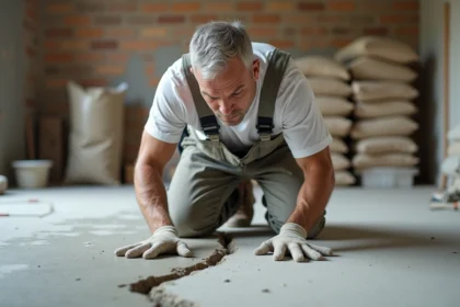 Ouvrier inspectant une fissure sur un sol en béton