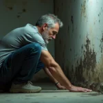 Homme inspectant des traces d'humidité et moisissures sur un mur intérieur de sous-sol