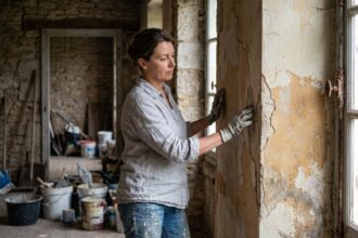 Femme inspectant une peinture ancienne qui s'écaille sur un mur en plâtre dans une vieille maison avant travaux de rénovation