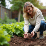 Femme souriante dans un jardin en train d'étaler des marc de café
