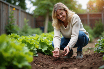 Femme souriante dans un jardin en train d'étaler des marc de café