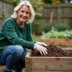 Femme en jardinage avec composteur dans un jardin verdoyant