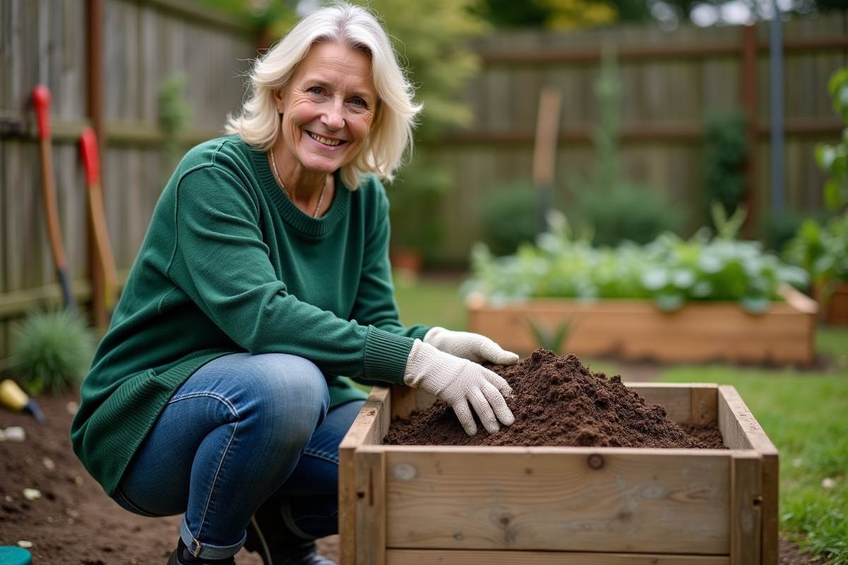 Femme en jardinage avec composteur dans un jardin verdoyant