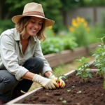 Femme jardinant dans un potager avec des jeunes plants de tomates