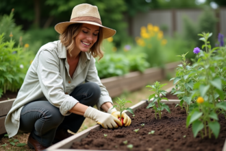 Femme jardinant dans un potager avec des jeunes plants de tomates