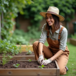 Femme en overalls terreux et chapeau de paille dans un jardin en train de mulcher