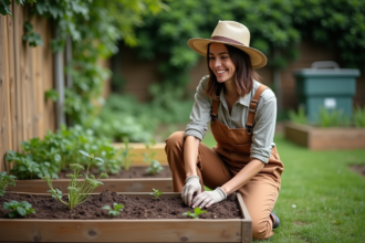 Femme en overalls terreux et chapeau de paille dans un jardin en train de mulcher