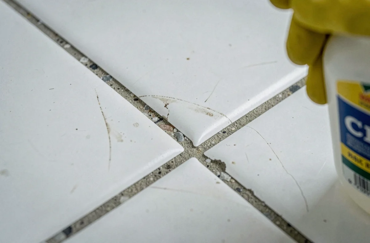 Détérioration du joint de carrelage de salle de bain causée par un usage répété de javel