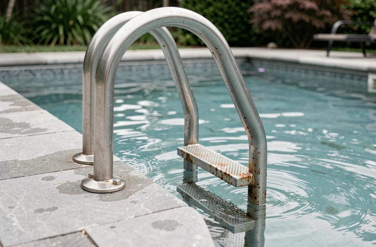 Échelle de piscine en inox montrant des signes d'oxydation dus à un surdosage de javel