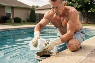 Homme versant de la javel dans une piscine résidentielle avec des gants de protection en caoutchouc