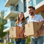 Jeune couple heureux sortant de leur appartement avec des cartons