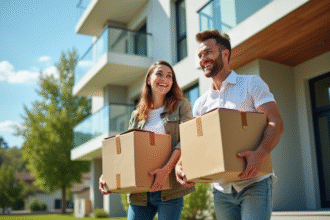 Jeune couple heureux sortant de leur appartement avec des cartons