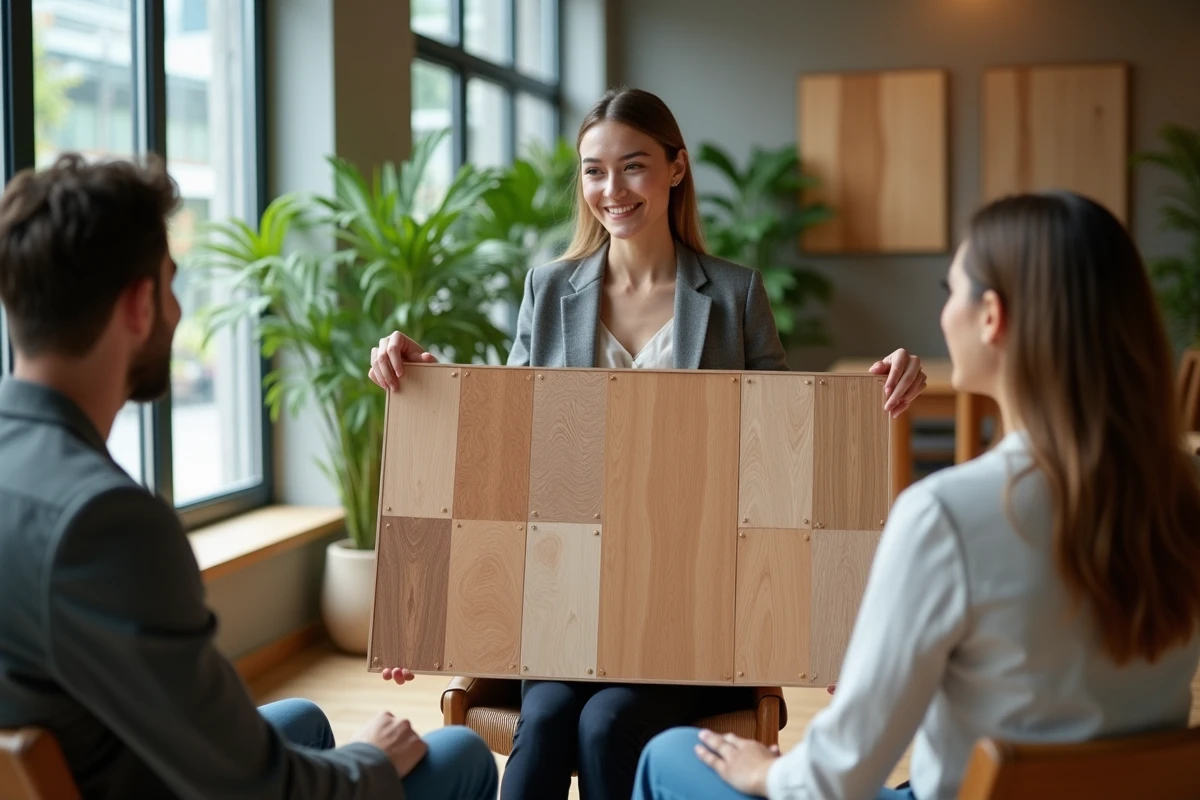 Jeune designer présentant des échantillons de placages en bois