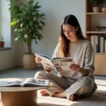 Jeune femme lisant un magazine de design intérieur dans un salon lumineux