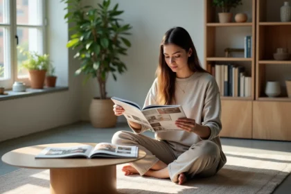 Jeune femme lisant un magazine de design intérieur dans un salon lumineux