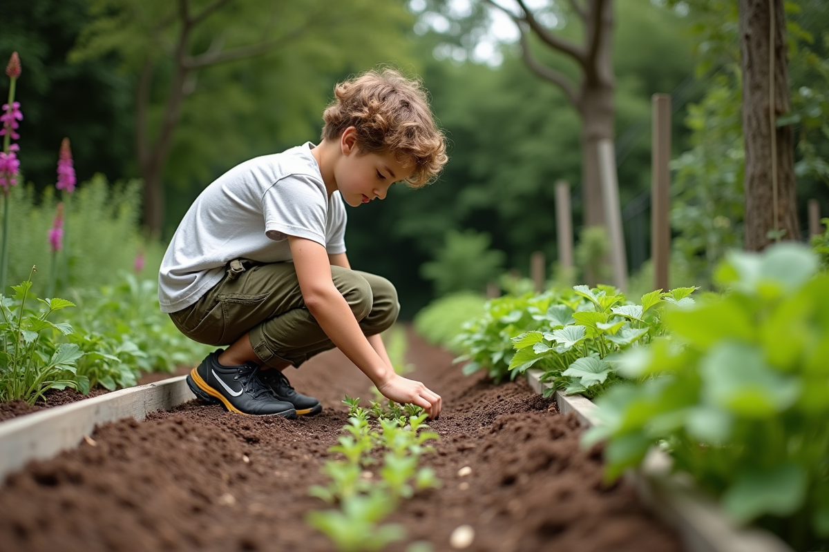 Adolescent plantant des graines dans un jardin permaculture