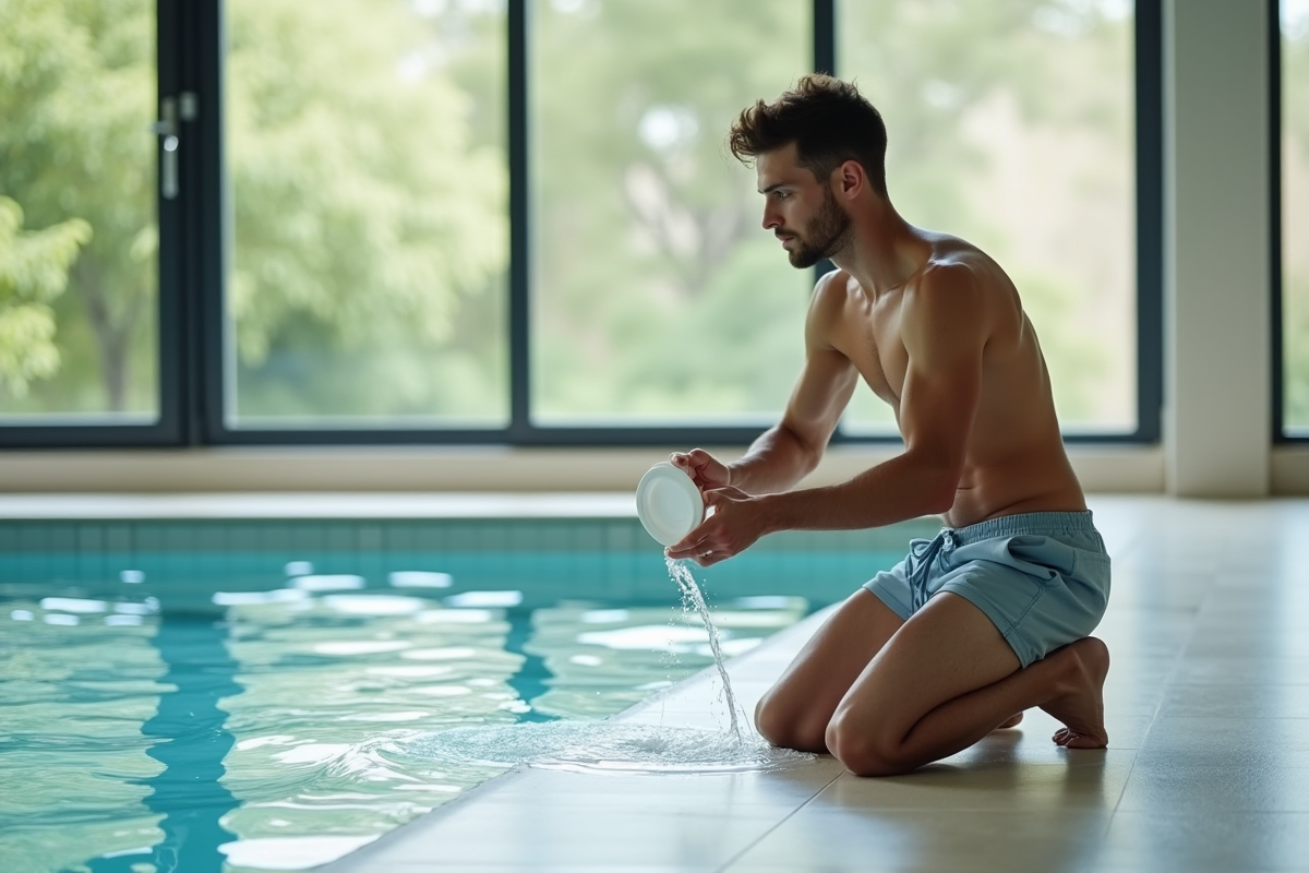 Jeune homme versant du floculant dans une piscine intérieure