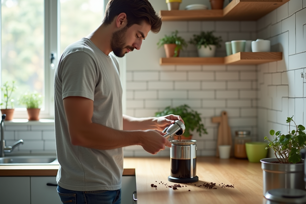 Jeune homme versant des marc de café dans un composteur en cuisine